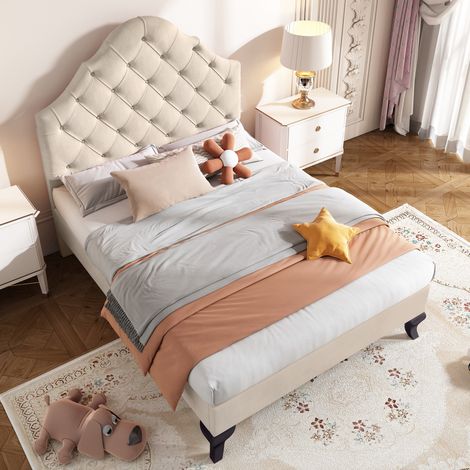 Polsterbett 90/200 cm beige aus Samt mit höhenverstellbarem Kopfteil (1/5)