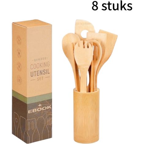 Ensemble de 8 ustensiles de cuisine en bambou avec tube de rangement et manches extensibles jusqu'à 30 cm finition lisse et poncée couleur naturelle (1/5)