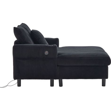 Chaise longue imbottita in velluto a coste nero con porta bevande, porte USB e luci LED (1/5)