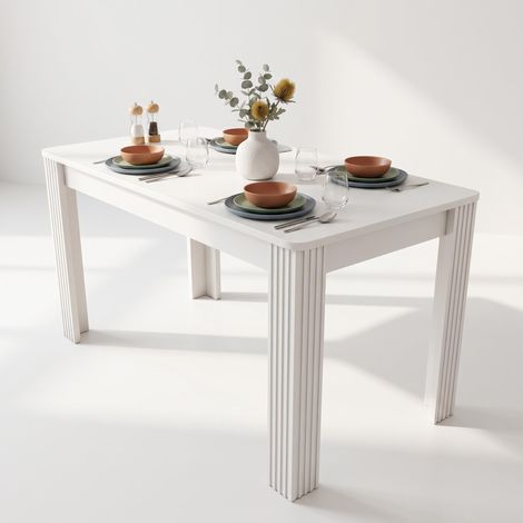 FurnitureR White Dining Table for 4, Modern Rectangular Kitchen Table with Fluted Legs, Minimalist Dining Room Table for Apartment Kitchen Dining Area, 116 x 65 cm
