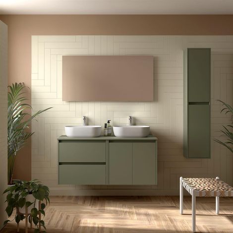 Badezimmermöbel BALTIC 1400 2 Türen und 2 Schubladen GREEN SATIN + Waschtisch-Platte (1/2)