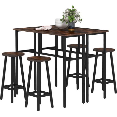 6-Piece Bar Table Set, Counter Height Kitchen Dining Set with 2 High Tables & 4 Stools, Space Saving Compact Bar Furniture for Small Kitchens and Flats, Multiple Arrangements, Rustic Brown