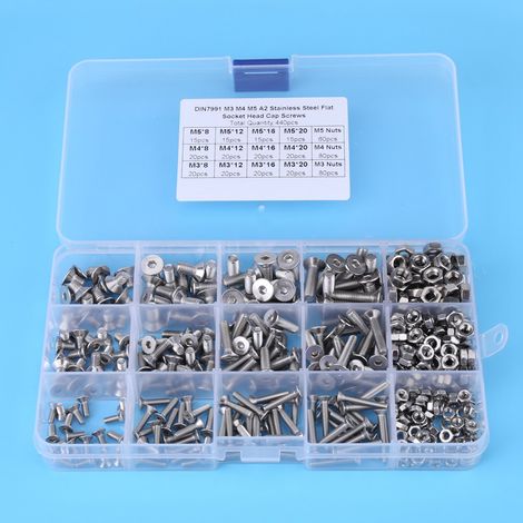 Ensemble de 440 vis et écrous hexagonaux en acier inoxydable, M3, M4 et M5, à tête plate. (1/5)