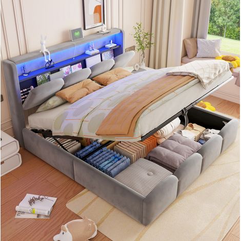 Cama con canapé 140x200 cm de terciopelo gris con USB, LED y almacenaje, sin colchón (1/5)