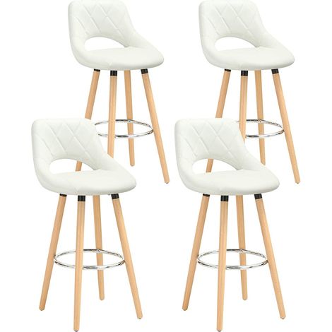 WOLTU Lot de 4 Tabouret de bar, en Cuir synthétique et bois massif avec dossier et repose-pieds, 43x43x91cm, Blanc