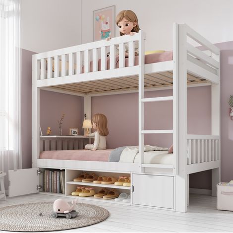 Letto a castello 204x100x150 cm bianco in legno con tavolo pieghevole e scarpiera (1/5)