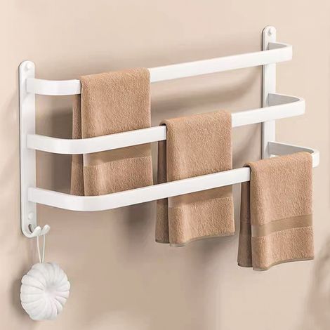 Toalleros de Baño 50 cm, Soporte Toallas 3 Barras con Ganchos, Toallero de Pared para Baño Ducha Cocina, Blanco (1/5)