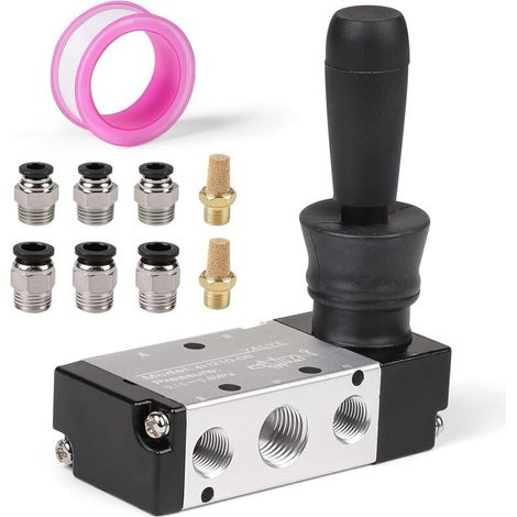 1/4" Vanne Manuelle Pneumatique à 5 Voies 2 Positions, Electrovanne Pneumatique avec Silencieux et 6MM 8MM Connecteur, Vanne à Levier Pneumatique Commande Manuelle Push-Pull à Air Comprimé (1/4)