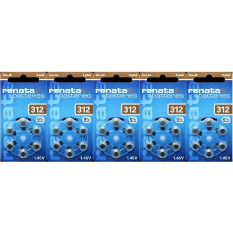 .5 Blister de 6 piles auditives RENATA ZA312 ZINC AIR MARRON.
.
.
.