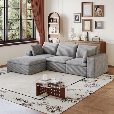 Divano modulare 260x100x70 cm grigio in tessuto con imbottitura sfoderabile e struttura in schiuma senza montaggio (1/5)