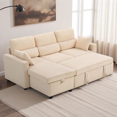 Divano letto angolare in velluto a coste, divano a 3 posti con vano contenitore nascosto, cuscini, 205x135x76 cm, beige