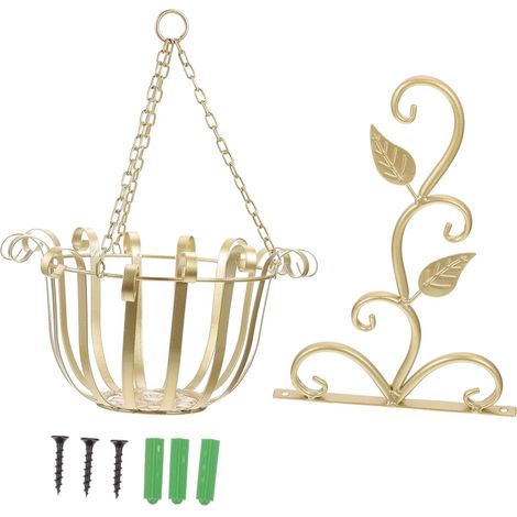 Panier Suspendu en Fer Forgé Doré pour Décoration Balcon et Jardin Extérieur avec Support Mural, Jardinière Murale Multifonction, à Suspendre Stable et Gain de Place, Ornement (1/5)