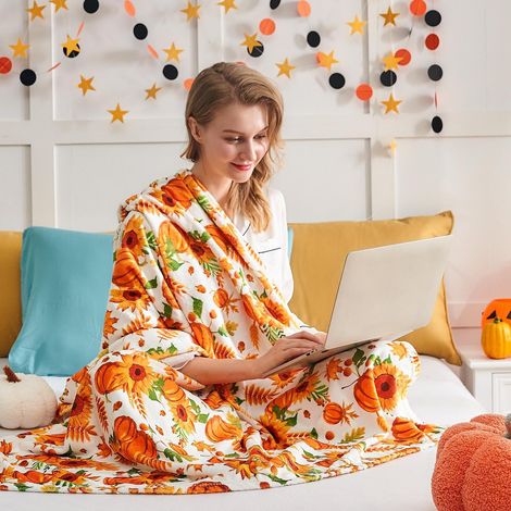 Couverture En Peluche Citrouille - Pour Décoration Automnale Et Halloween - En Polyester Doux - 150 x 100 cm - 1 Pièce (1/5)