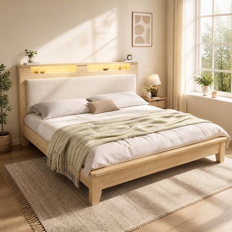 Letto matrimoniale 160x200 cm in legno e tessuto a coste beige, testiera LED con vano - CHICFURN (1/5)