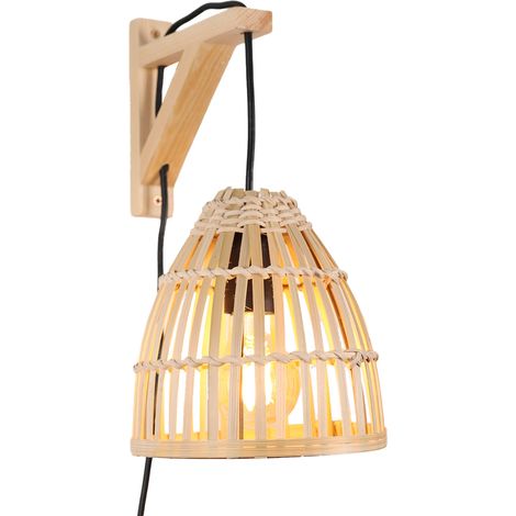 ALPINALUZ Aplique de Pared en Madera Nordico Rustico con Pantalla de Bambú Mimbre con Cable Enchufe y Soporte Escuadra de Madera "WIGG" E27 (1/5)