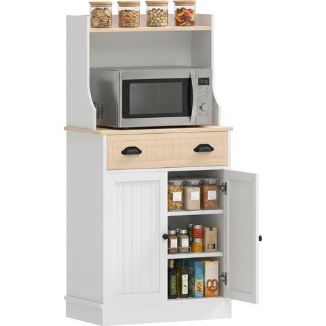 Armoire cuisine micro-ondes avec niche ouverte, 1 tiroir et meuble 2 portes, 61 x 35 x 125,4 cm, finition chêne (1/5)