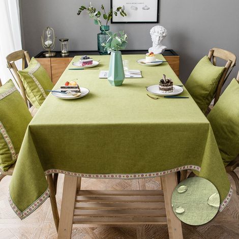 Nappe simple, élégante, infroissable, en lin imperméable et lavable, pour table de cuisine (verte, rectangulaire/ovale, 140 x 140 cm) (1/5)