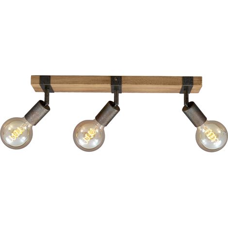 Suspension luminaire, plafonnier rétro vintage, spots orientables et pivotants, 3x E27, métal-bois, couleur : noir et marron, 48x10x9cm (Lxlxh) (1/5)