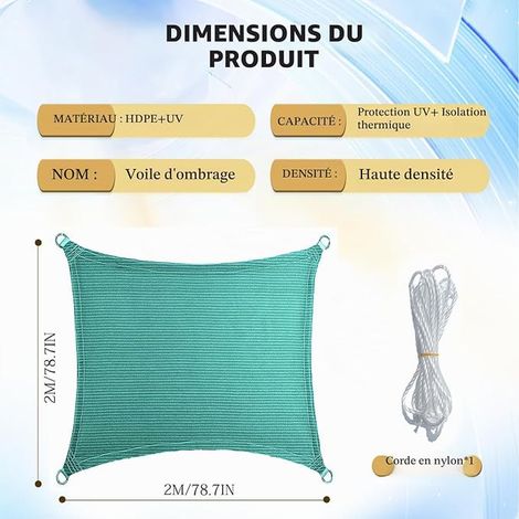 Shade Sail 2 x 2 m Breathable Rectangular Shade Sail with Ropes Included Installation Shade Net for Patio Garden Pergola Pool Outdoor Green (1/2)