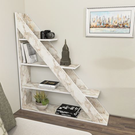 Decorotika Pisagor 4-tier Biblothèque d`angle Bookshelf Blanc Marble Effect (1/5)