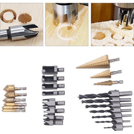 Cet ensemble d'outils de 26 pièces pour le travail du bois, comprenant 6 forets à fraiser, 7 forets à fraiser à trois pans avec une clé en L, 8 coupe-bouchons pour le bois, 3 forets étagés et un point (1/5)