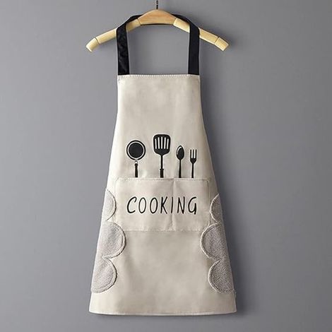 Grembiule da cucina impermeabile, ampio grembiule da cucina e da forno con tasca, con tasca per asciugamano, due lati per asciugarsi le mani, bianco crema (1/5)