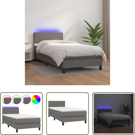 Kunstlederbett - Boxspringbett mit Matratze & LED Grau 100x200 cm Kunstleder (1/5)
