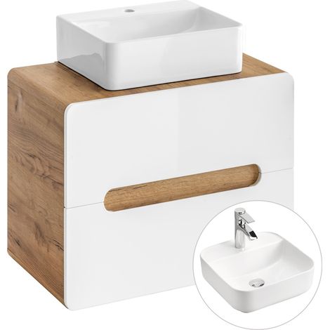 Waschtischunterschrank 60 cm mit 40 cm Keramik-Waschtisch LUTON-56 Hochglanz weiß mit Wotan Eiche Nb. B/H/T ca. 60/67/46 cm (1/5)