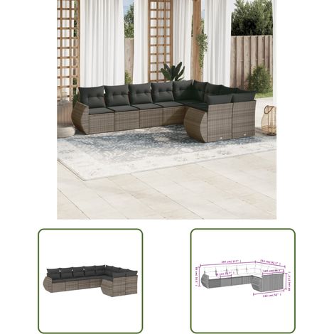 The Living Store 9-tlg. Garten-Sofagarnitur mit Kissen Grau Poly Rattan - Gartenmöbel Set - PE-Rattan Möbel - Outdoor Lounge - Garten Sofa - Wetterfeste Gartenmöbel (1/3)