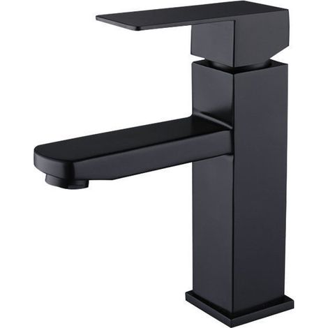 Robinet de lavabo en acier inoxydable 304 noir, eau chaude/froide, design carré haut, monotrou pour lavabo sur pied – livré avec tuyau 60cm (1/5)