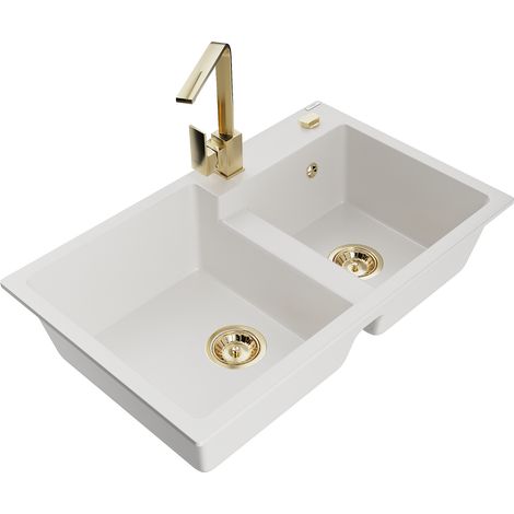 Mexen Tomas fregadero de granito de 2 senos con grifo de cocina Rita, blanco - 6516-20-670300-50 (1/5)