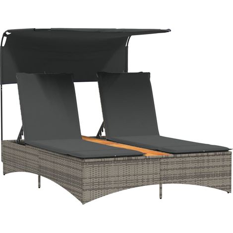 vidaXL Double Sun Lounger with Canopy and Cushions Grey Poly Rattan