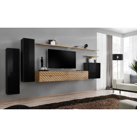 Ensemble de 7 meubles muraux "Switch I " pour TV en bois - Noir et Beige - L 330 x H 160 x P 40 cm - Livraison gratuite