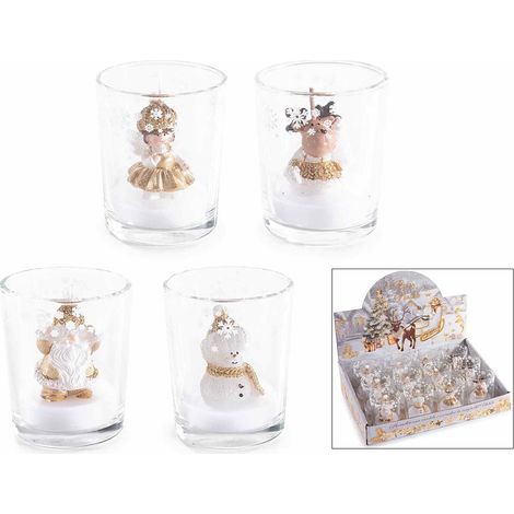 Candele di Natale in vasetto di vetro decorato con personaggio natalizio con dettagli dorati a Babbo Natale, set da 12 pezzi, Ø 5,5 cm x 6,5 H