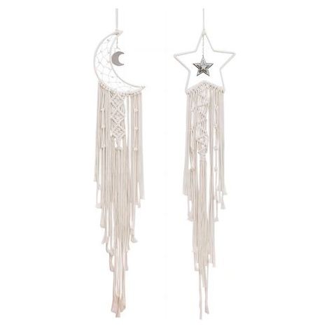 Tappeto in corda di cotone intrecciata, bianco, con motivo raffigurante due lune e stelle, decorato con pompon. Decorazione murale per la casa. (1/5)