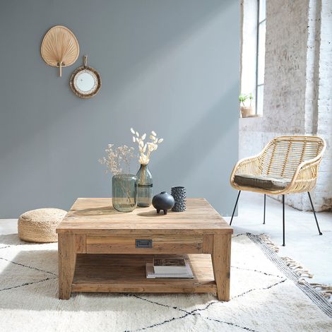 Berah Getah – Table basse carrée en teck recyclé massif – 100 cm – Hauteur 42 cm – 1 tiroir avec poignée laiton vieilli – Finition black wash (1/5)