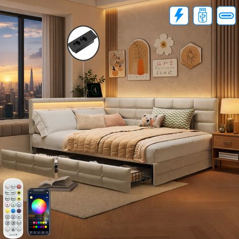 Canapé Lit Rembourré 140x190 avec LED et port USB Tpye-C, Lit double avec 2 Tiroirs et nombreux rangements, Sommier à Latte, Beige