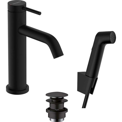 Hansgrohe Tecturis S - Waschtischarmatur mit Push-Open-Ablaufgarnitur und Bidetbrause, EcoSmart, schwarz matt 73211670 (1/2)