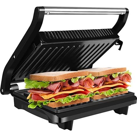 Gril de table Gotoll GLHS152D, appareil à panini et sandwichs, double plaque de cuisson, ouverture à 180°, 1000 W, revêtement antiadhésif, poignées isolées, boîtier en acier inoxydable (1/5)