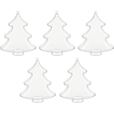 Lot de 5 boules décoratives transparentes en plastique à remplir, à suspendre pour les fêtes de fin d'année, en forme de sapin de Noël. (1/2)