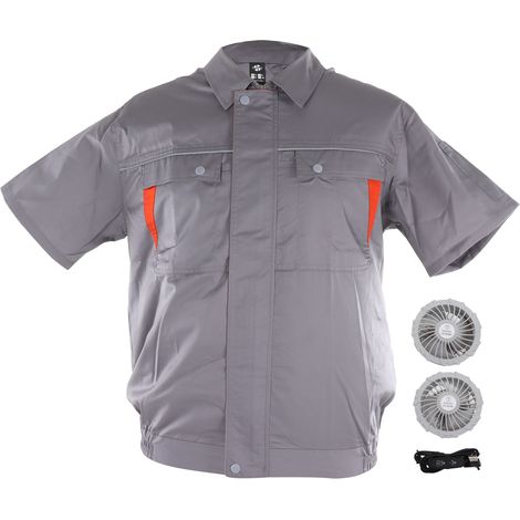 Gilet rafraîchissant USB XL gris clair avec orange, veste ventilateur à manches courtes, vêtement climatisé d'été avec ventilateurs intégrés (1/5)