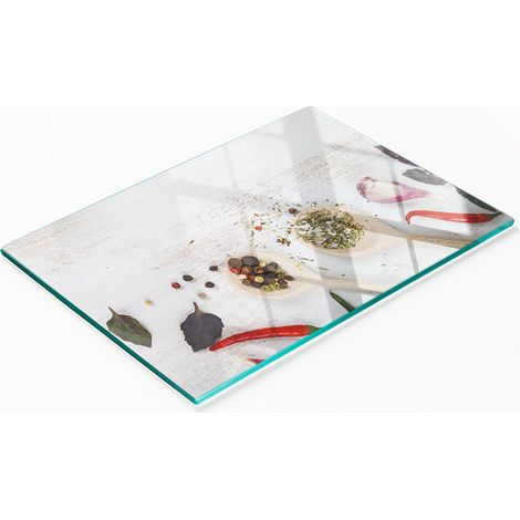 Tabla de cortar de cristal para cocina con estampado de verduras y especias, 80x52 cm. (1/5)
