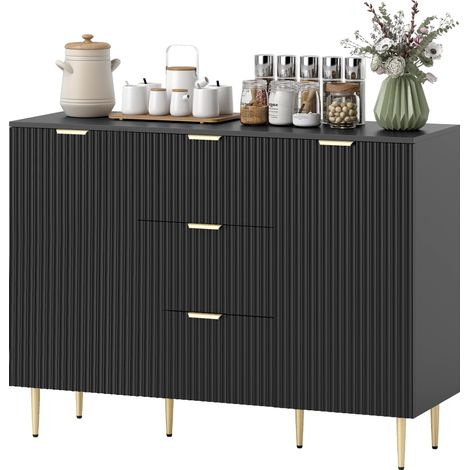 Küchen-Sideboard mit 3 Schubladen, verstellbaren Einlegeböden und geriffelten Türen, 120 x 40 x 90 cm, schwarz (1/5)