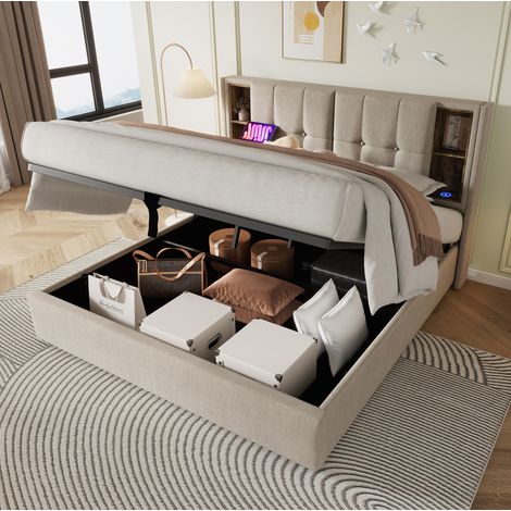 Lit coffre rembourré 180x200 cm en lin naturel avec tête de lit à niches, charge sans fil, USB et sommier à lattes (1/5)