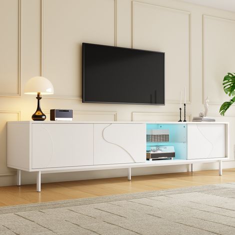 Modernluxe - Meuble TV 180x40x45 cm - Éclairage LED - 3 portes coulissantes - Étagères en verre - Pieds en acier - MDF - Blanc (1/5)