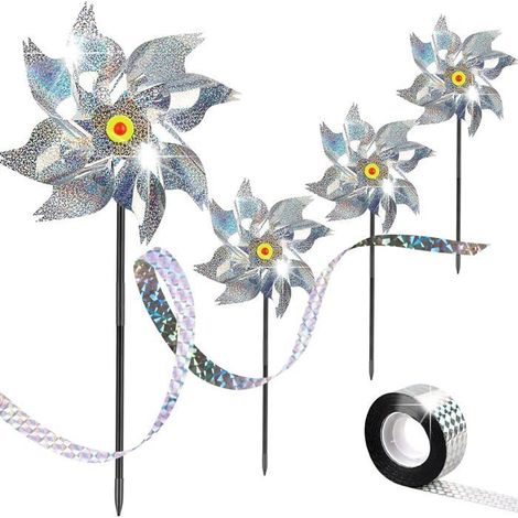 Lot de 4 répulsifs anti-oiseaux argentés en PVC et PET réfléchissants, avec ruban de 50 m pour pots de jardin (1/5)