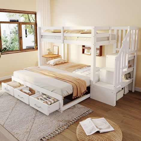 Lit superposé 90 x 200 cm, lit gigogne 90/180 x 190 cm, avec échelle de rangement et nombreux tiroirs, fonction lit gigogne, lit enfant, sommier à lattes, lit en bois, blanc