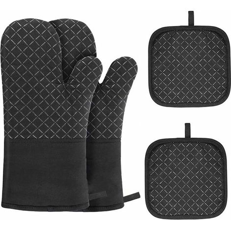 Oven Gloves, 4 pcs Oven Mitts Kitchen Gloves with Oven Mitt Mat Heat Resistant Non-Slip Oven Gloves for BBQ, Cooking, Baking, Microwave with Silicone Brush (Black)