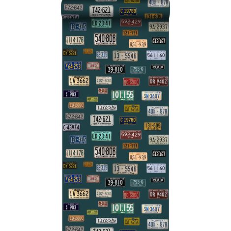 papier peint intissé XXL plaques d'immatriculation vintage bleu canard  - ESTAhome (1/4)