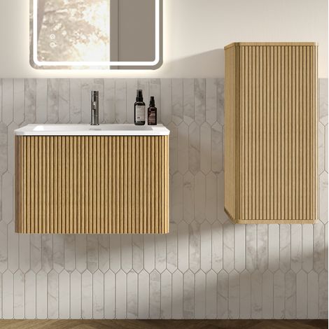Meuble vasque mural 61x46,5x37 cm en MDF chêne, avec rangement pour salle de bain FloraGrace (1/5)